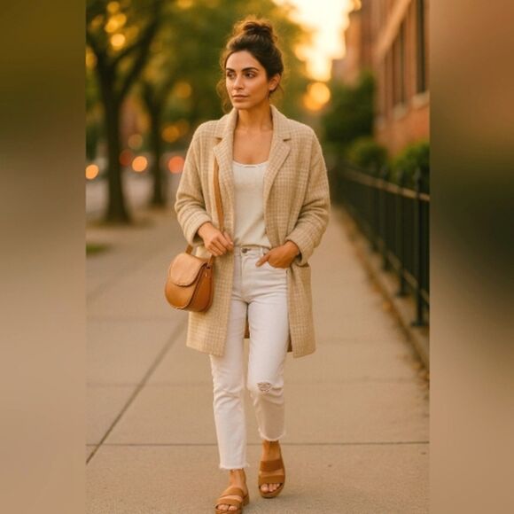 J.Jill Wearever Tan White Fuzzy Plaid Open Cardigan Sweater Jacket M Soft Wrap - Picture 1 of 8